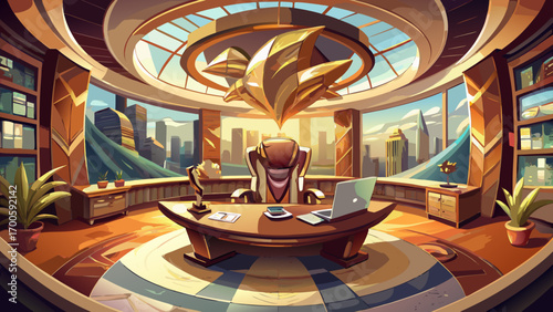 Dazzling panoramic 360 panorama of a luxurious modern office, featuring a bronze glass desk, cream leather chair, sculptural lighting, and abstract paintings, blending artistry, professionalism, and u
