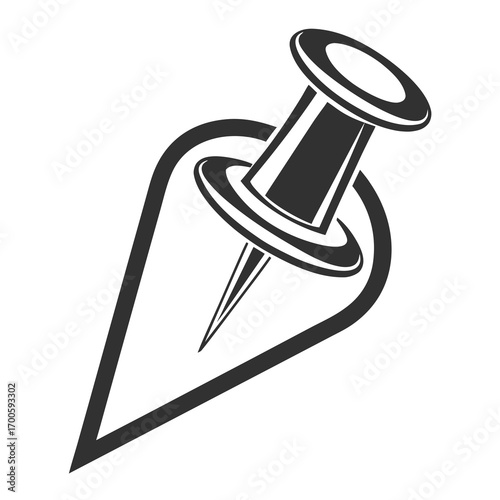 Stylized black and white push pin icon with a location marker shape