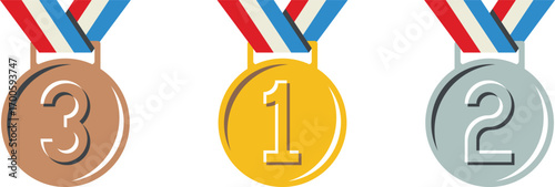 Gold, silver, and bronze medals with ribbons illustration for first, second, and third place. Perfect design for sports, competition, and achievement. Ideal for awards, success, and victory themes.