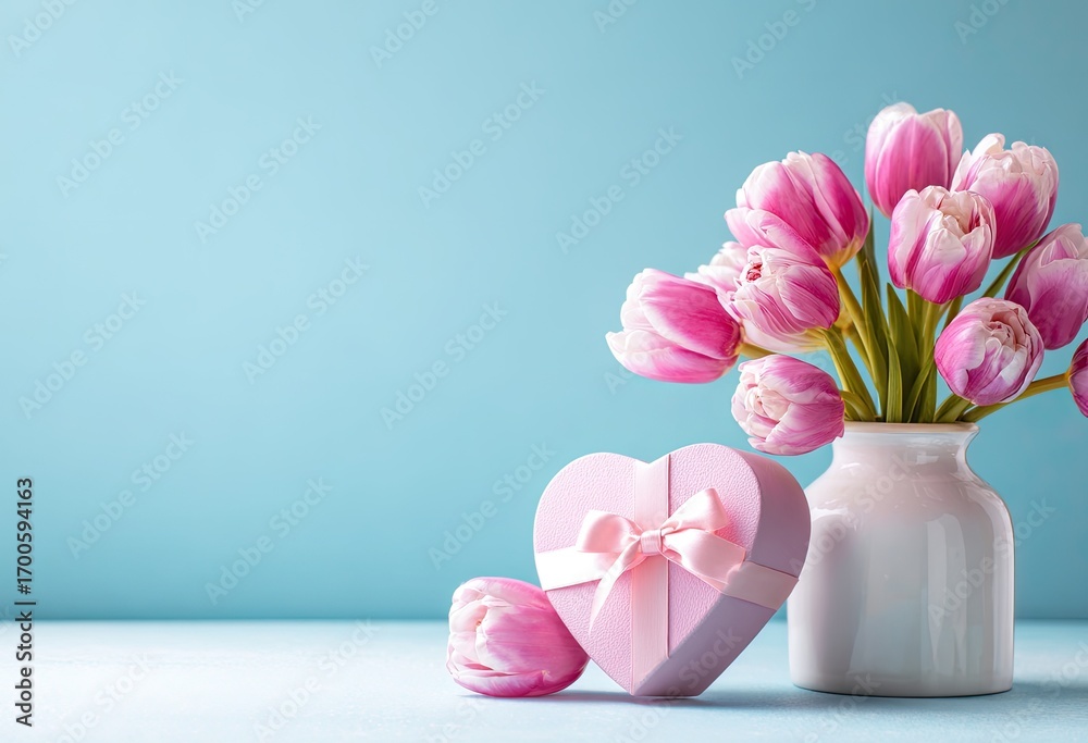 Obraz premium Pink tulips and gift box on pastel background
