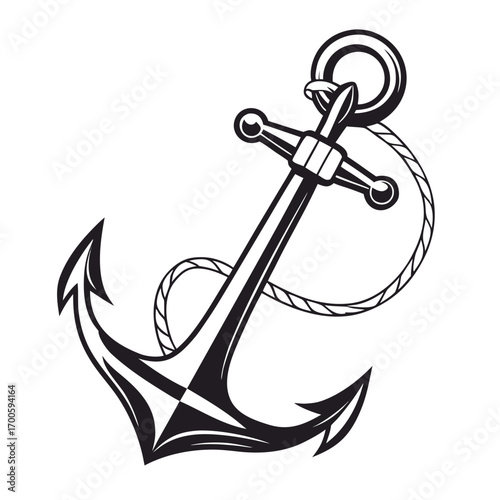 Nautical anchor with rope illustration in black and white