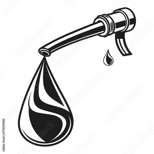 Black and white illustration of a fuel nozzle with a large drop of liquid falling