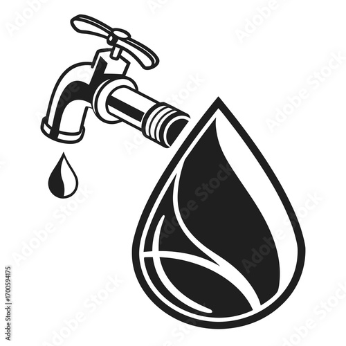 Water tap with a drop of water and a large water droplet