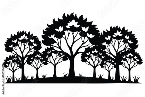 Black and White Silhouette Illustration of a Forest with Distinct Trees and Foliage