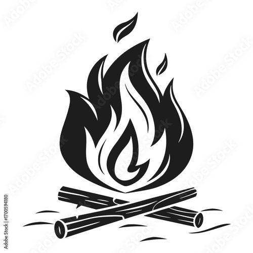 Stylized black and white campfire icon with burning logs