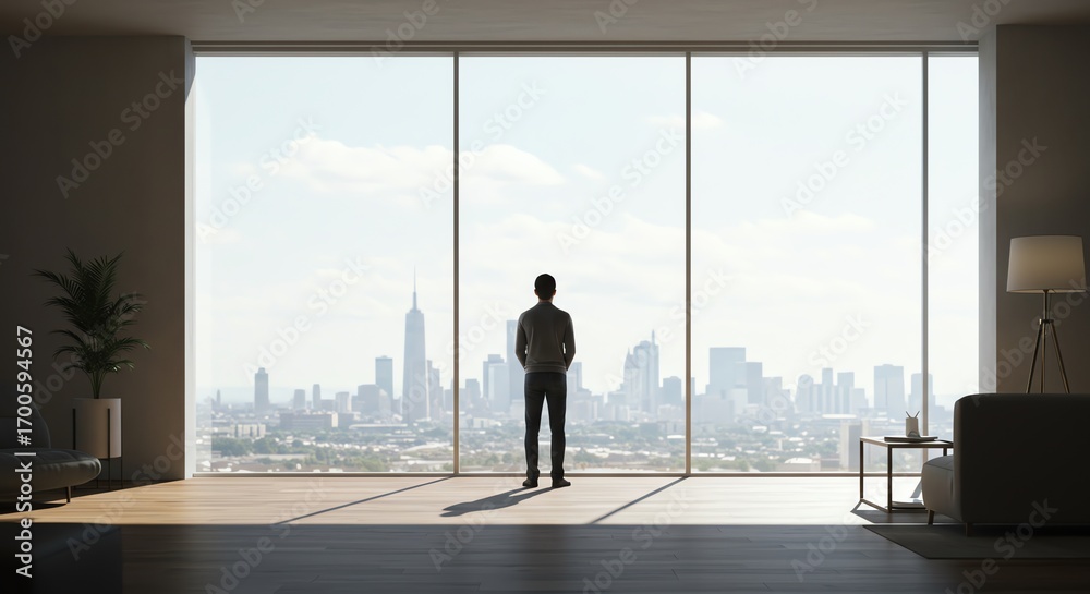 Fototapeta premium Man standing looking at city skyline view