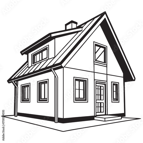 Black and white line drawing of a modern detached house with a dormer window
