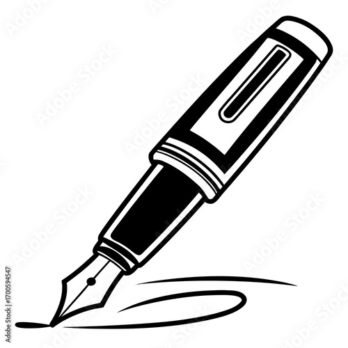 Black and white illustration of a fountain pen writing a signature