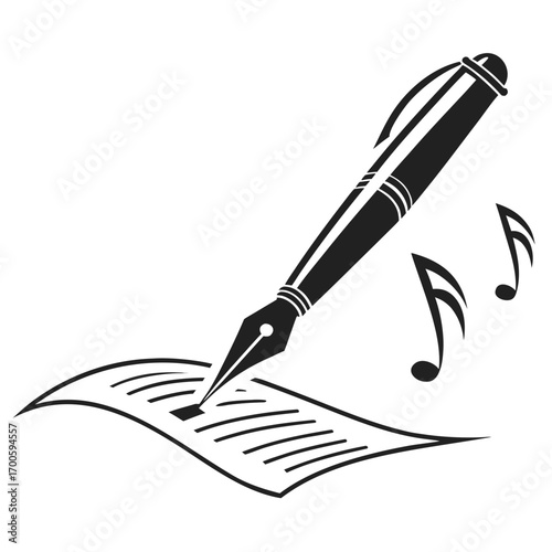Fountain pen writing music notes on paper creative concept
