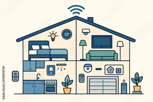 Illustration of a smart home showing various rooms and wireless technology features on a light background