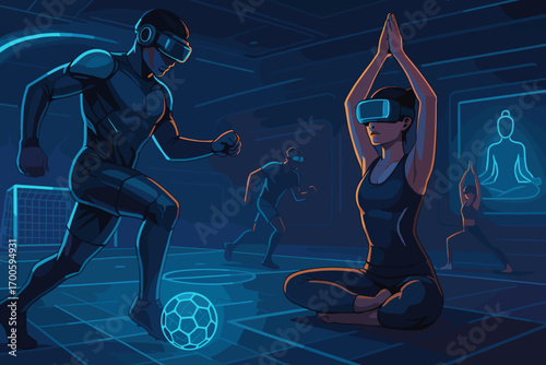 Futuristic virtual reality fitness scene with participants engaged in soccer and yoga in a dark environment