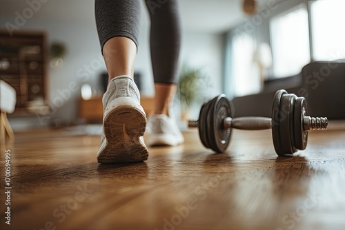 Close-up of someone's feet and legs walking away from a dumbbell on a wooden floor
