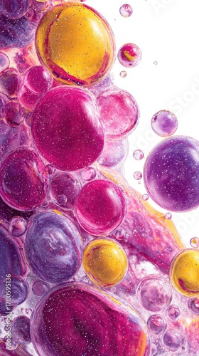 Colorful, iridescent bubbles of various sizes, intertwined, against a white background