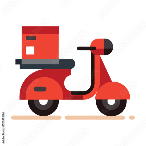 Bright red scooter with cargo box for express delivery fast shipping logistics service for online orders and e-commerce businesses