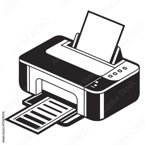 Black and white illustration of a modern printer with paper