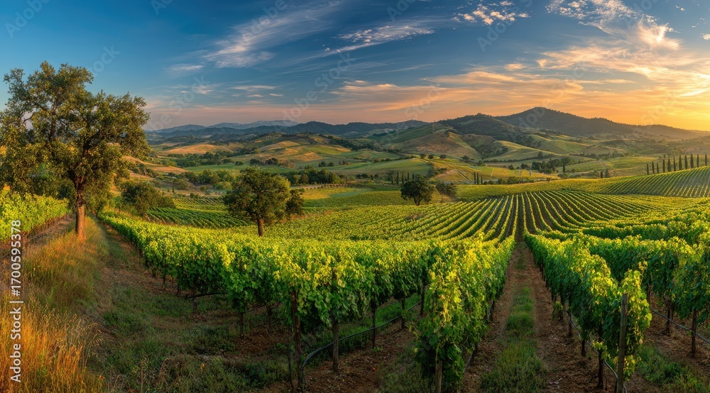 Naklejka premium Panoramic vineyard landscape at sunset. Lush green vineyards stretch across rolling hills under a vibrant sky at golden hour