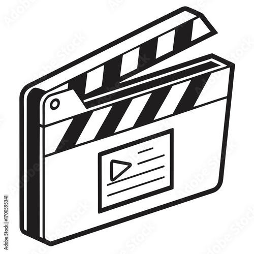 Black and white illustration of a movie clapperboard with a play button