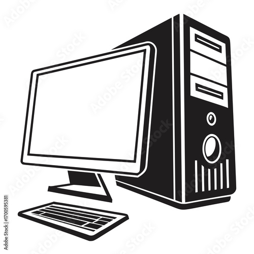 Black and white illustration of a desktop computer with monitor keyboard and tower