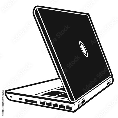 Minimalist black and white illustration of an open laptop computer