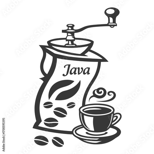Vintage coffee grinder with beans and a cup of hot java