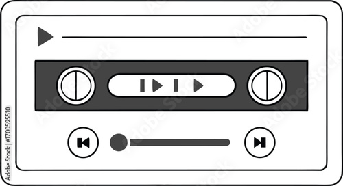 Retro cassette tape music player interface icon with play rewind fast forward buttons and progress bar for vintage audio media
