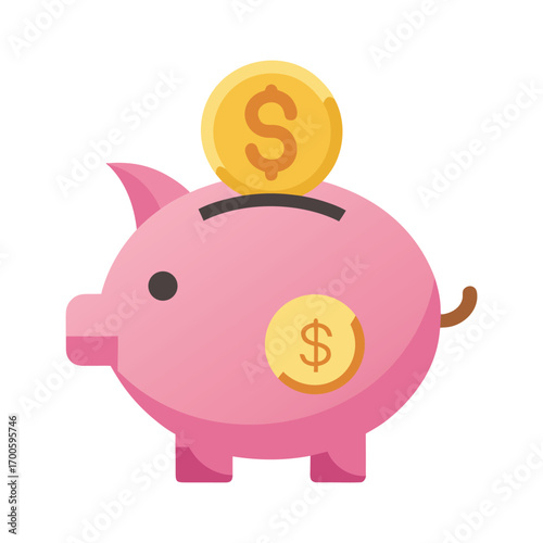 Pink piggy bank with golden coin falling in and another coin visible symbolizing financial growth and saving money