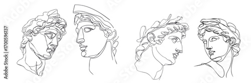 Minimal line art illustration of a greek statue heads