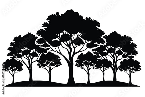 Silhouette Illustration Featuring a Variety of Trees in Varying Sizes and Heights