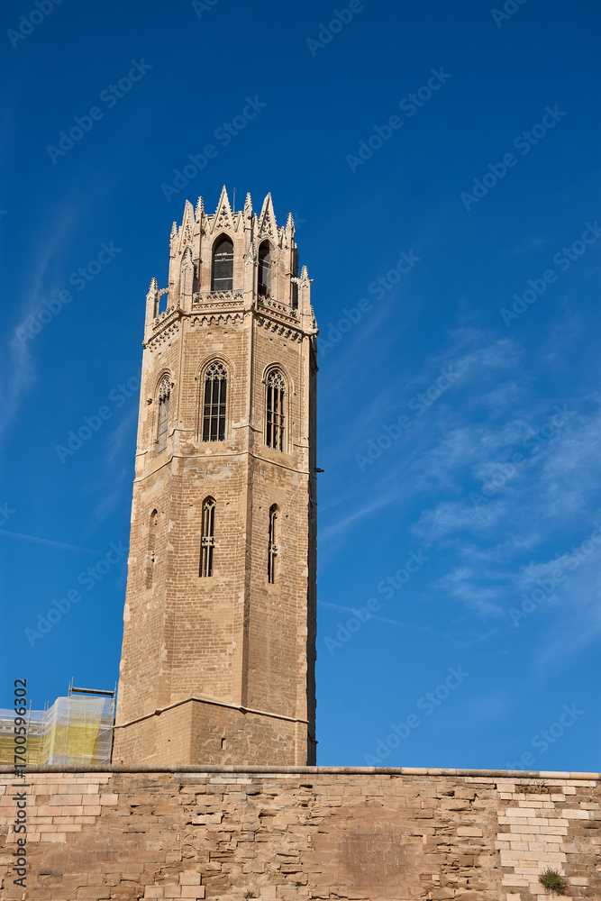 Obraz premium Vertical view of the Gothic tower of the Old Cathedral of Lleida in Catalonia illuminated by the sun against a clear sky