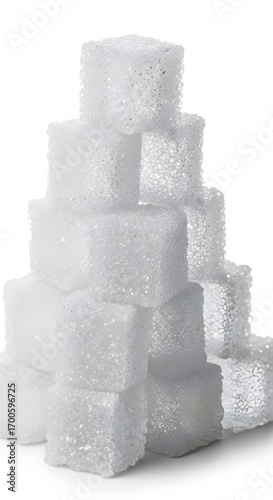 A pyramid of sparkling sugar cubes stacked high on a white background
