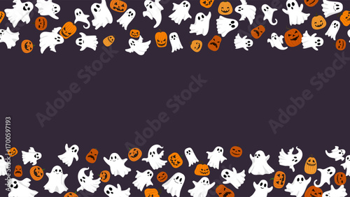 Frame banner template seamless horizontal with white ghosts and pumpkin on dark purple background. Happy Halloween