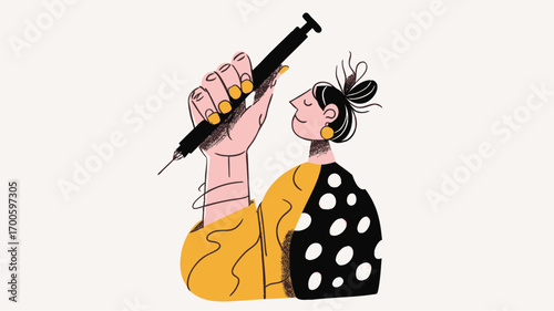 Cartoon illustration of woman holding weight loss injection modern hand drawn style