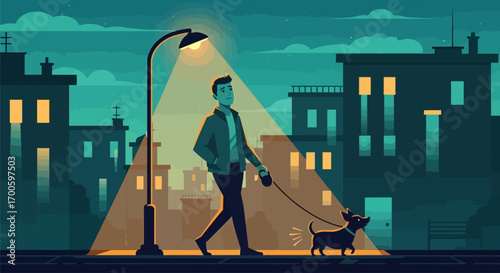 Man Walking Dog at Night in City Vector Illustration