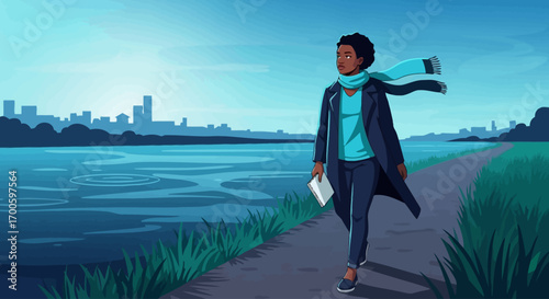 Woman Walking by the River at Dusk Urban Cityscape Background