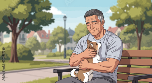 Happy Senior Man Hugging Puppy on a Park Bench Cartoon Illustration