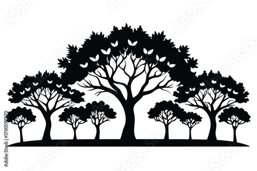 Black Silhouette of a Grove of Trees with Leaves and Branches Illustration