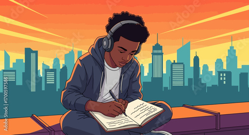 Young Black Man Writing in Journal Urban Cityscape Background Music Inspiration