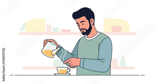 Man pouring tea tea time morning routine breakfast hot drink vector illustration
