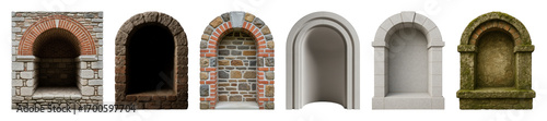 Arch niche set including stone, brick, concrete, rustic, and mossy designs isolated. Architectural elements and display alcoves.