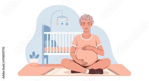 Expectant Parent Gently Caressing Baby Bump in Serene Nursery