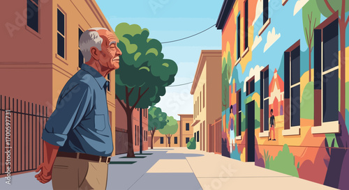 Senior Man Admiring Colorful Street Art Mural in Sunny Neighborhood
