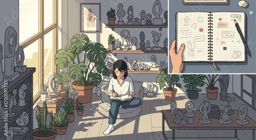 Young Artist Working in Sunny Studio Surrounded by Sculptures and Plants