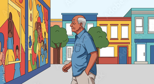 Senior Man Walking in Vibrant City Street Colorful Mural Community Urban Life Retirement Cartoon Illustration