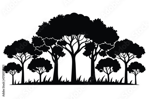 Silhouette of Forest Landscape with Various Trees and Ground Cover Illustration Graphic Style