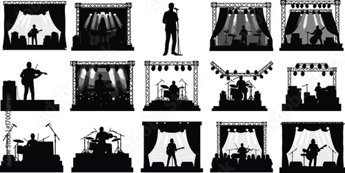 Concert and band silhouettes on stage, musicians playing instruments, live music performance, singer, drummer, guitarist, spotlight, audience