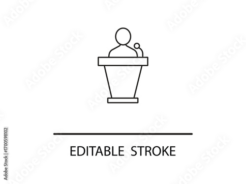 Dynamic speaker delivering presentation with confidence using a microphone on stage for a modern conference with editable strokes.