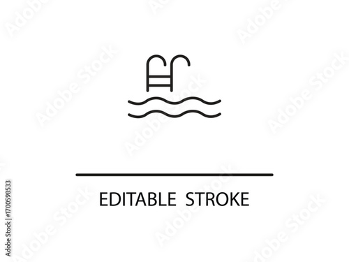 Modern swimming pool ladder icon with editable stroke for summer vacation design projects and creative pool service marketing materials.