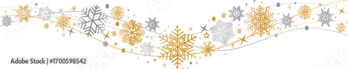 Snowflakes border in wave shape . Golden and silver snowflakes with stars border . Beautiful snowflakes wave vector . Christmas decoration .	