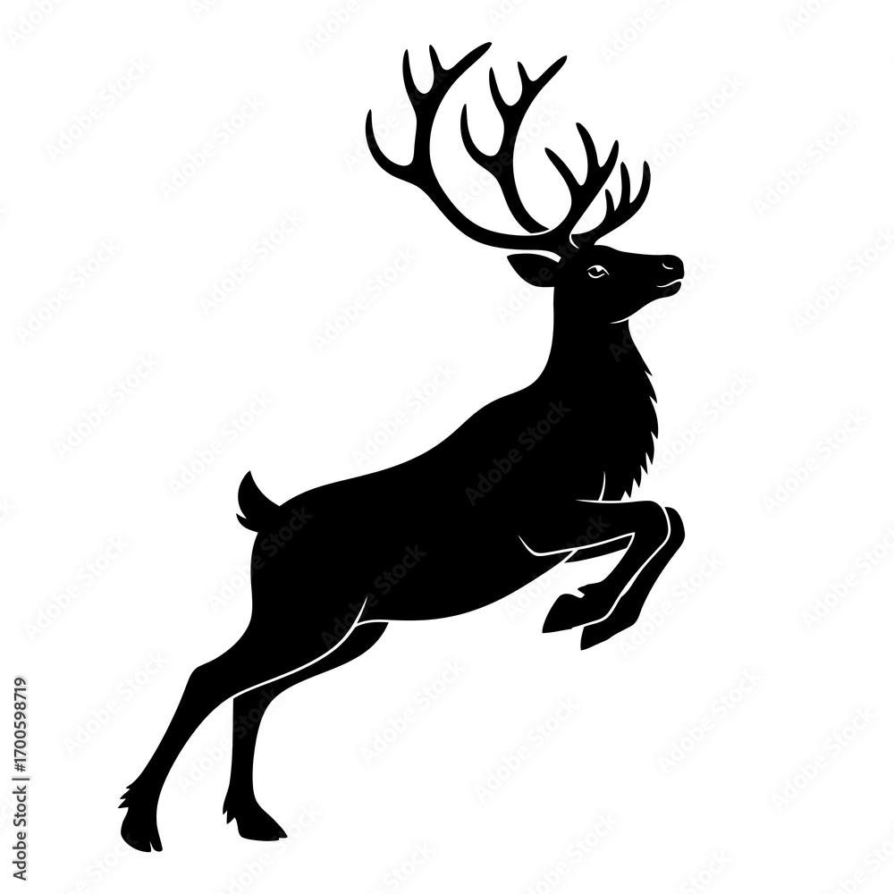 Fototapeta premium Majestic reindeer leaping silhouette isolated on white background