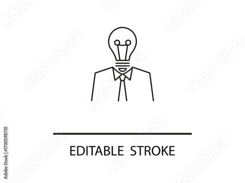 Creative businessman idea concept with lightbulb head symbolizing innovation and thinking in black and white line art design for business.
